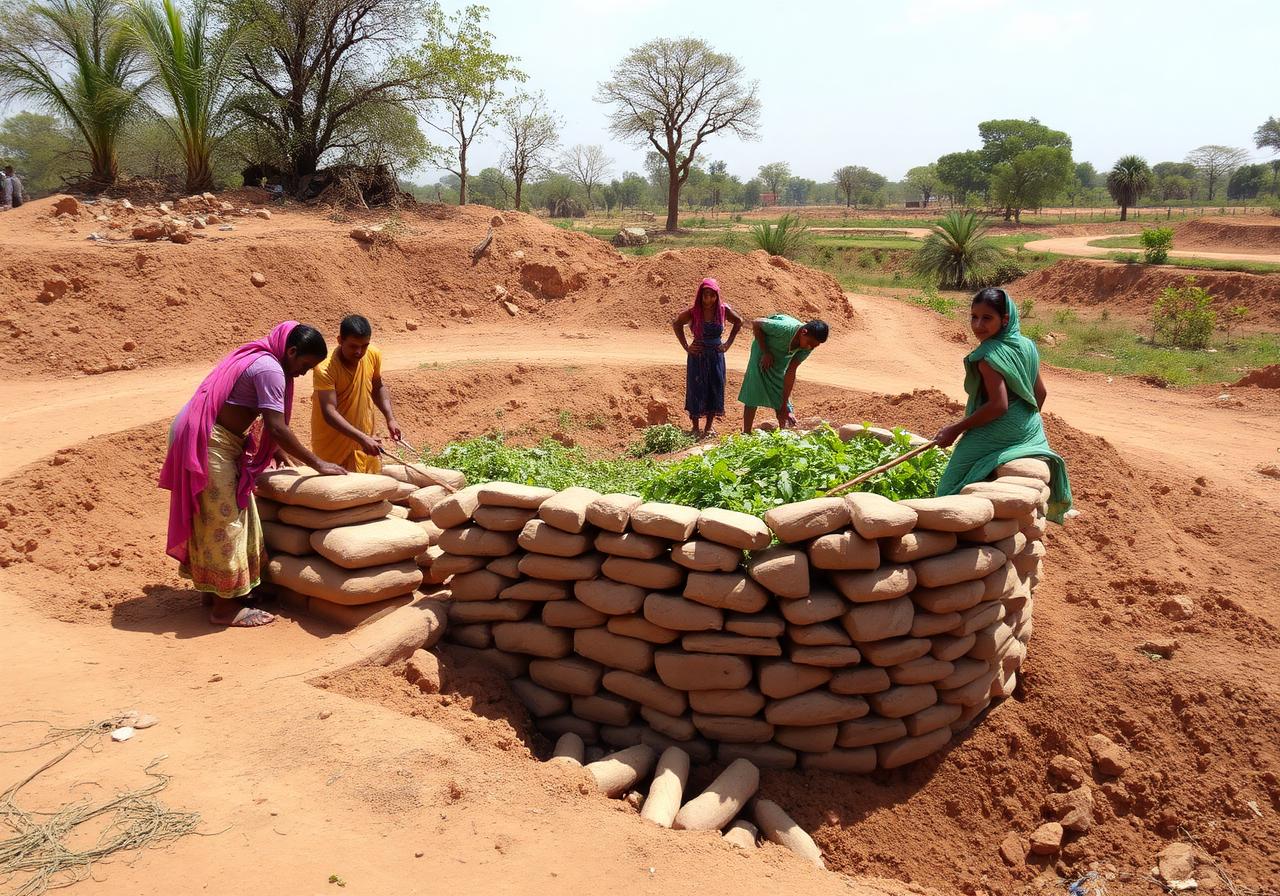 Community building a water conservation structure